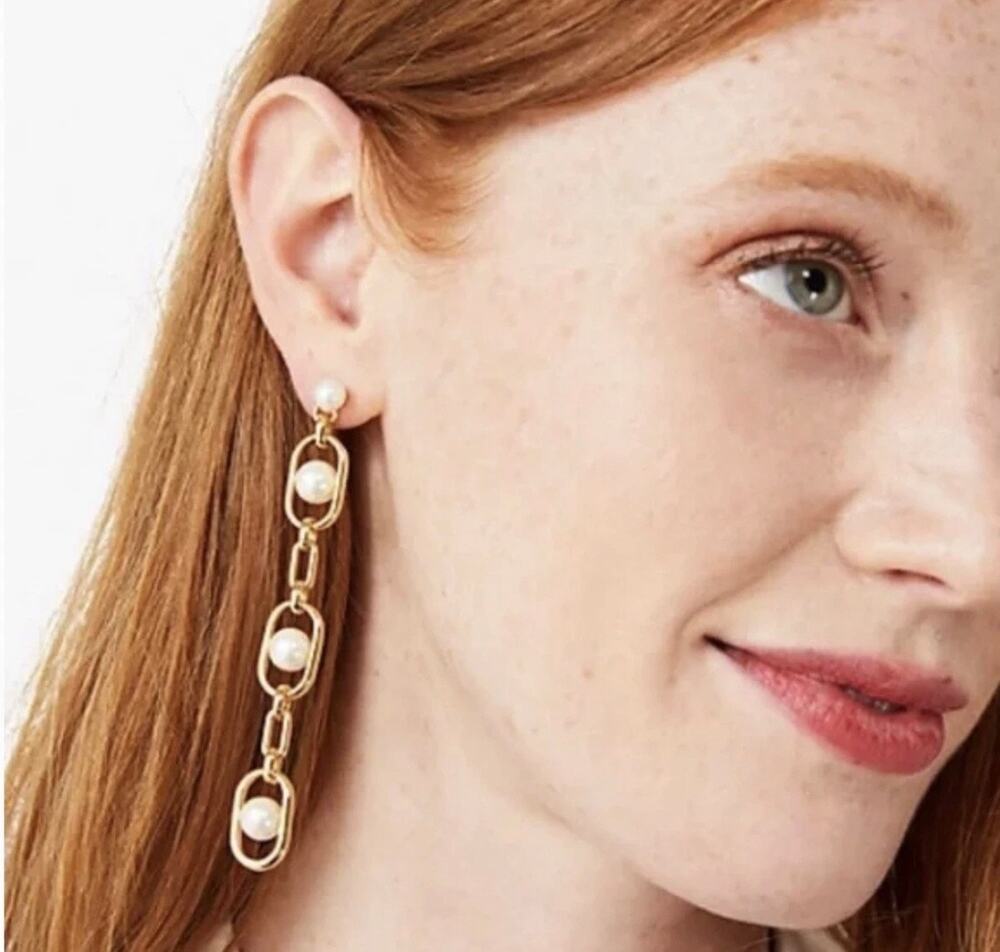 NWT Kate Spade Glamorous Strands Linear Faux Pearl Gold Tone Drop Earrings NWT